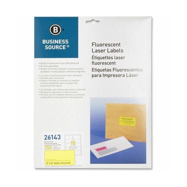 Business Source Laser Labels, Fluorescent, 2inx4in, Neon Yellow, 250PK BSN26143 - main